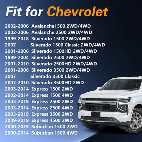 Chevy vehicle compatibility list with years and models, featuring a Chevy truck image on a dark blue background.