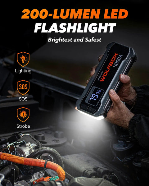 Beast 4000A Jump Starter For 12V Cars And Diesel Engines, 88.8Wh Portable Booster Pack With 65W Quick Charger, LED Display, Built In LED Light, Jumper Cables, 10L Engine Ready WolfBox with LED flashlight illuminating car engine.