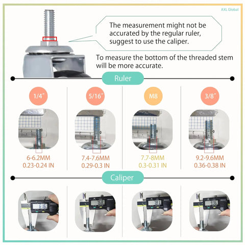 Measuring guide for 5/16 UNC threaded stem 2 inch swivel caster wheels set of 4 with two locking and two non-locking options.