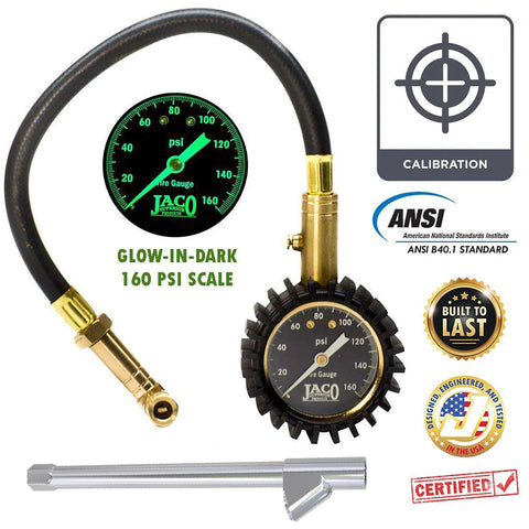 JACO EliteProPlus tire pressure gauge kit by Amazon with glow-in-dark 160 psi dial, brass hose, and dually air chuck.