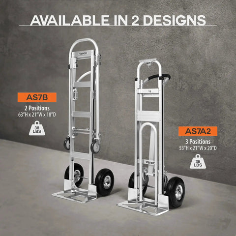 Convertible Hand Truck 3 In 1 Dolly With Extendable Loop Beveled Nose Plate And Ergonomic Handle Heavy Duty Aluminum Frame 750 Lb Capacity 53 Inch High Versatile Moving Dolly Converts Between 2 Wheel 4 Wheel Platform Cart In Three Positions displayed in two designs, AS7B and AS7A2.