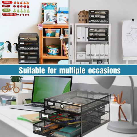 Two Pack Black 3 Tier Wire Mesh Desk Organizer With Drawers Stackable File Sorter in classroom and office settings