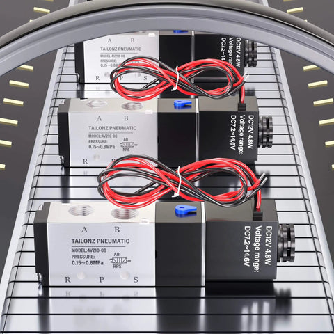 2 Position 5 Way Solenoid Valve DC 12V Pilot Operated Electric Valve With One Quarter Inch NPT Inlet And Outlet on conveyor