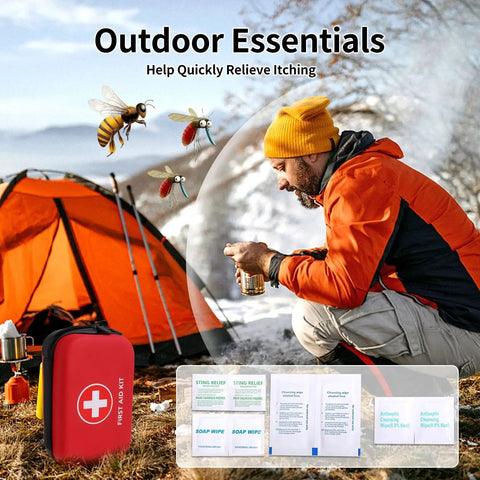 Outdoor essentials with man sitting next to tent using All In One First Aid Kit For Car Home Travel Camping And Office in compact waterproof case.