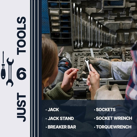 Tools displayed with 6 essentials: jack, jack stand, breaker bar, sockets, socket wrench, torque wrench.