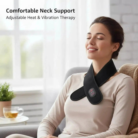 Woman relaxing with Portable Heated Neck Massager Wrap With 3 Heat Levels And 3 Vibration Modes, sitting in cozy home setting.
