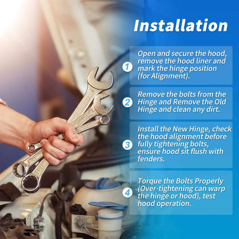 Installation process for Front Hood Hinge Pair For Subaru Legacy Outback 2015 2019 And Ascent 2019 2023, mechanic holding wrenches