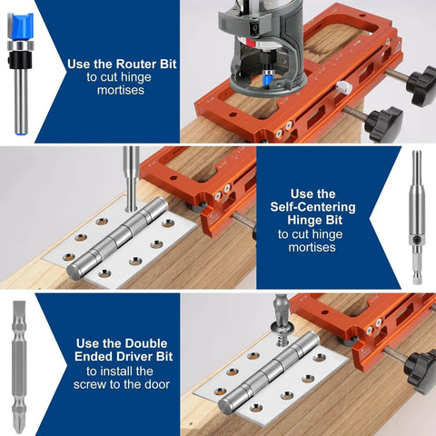 All-In-One Door Installation Kit With Hinge Jig, Lock Bore Template, and Latch Mounting Tools in use on wooden door.