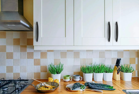 30 Pack 3 Inch Matte Black Cabinet Handles for Cabinets and Drawers installed on kitchen cupboards