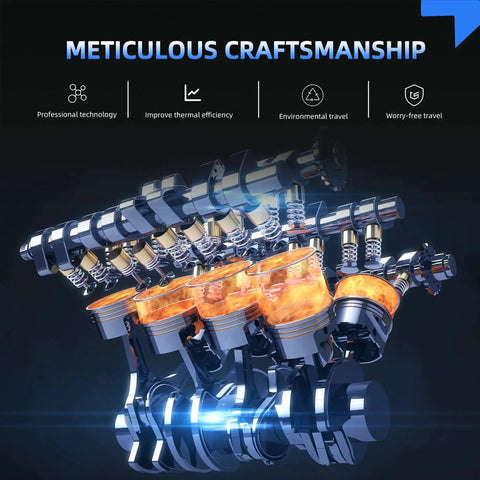3D render of engine pistons with captions on meticulous craftsmanship and technological efficiency benefits.