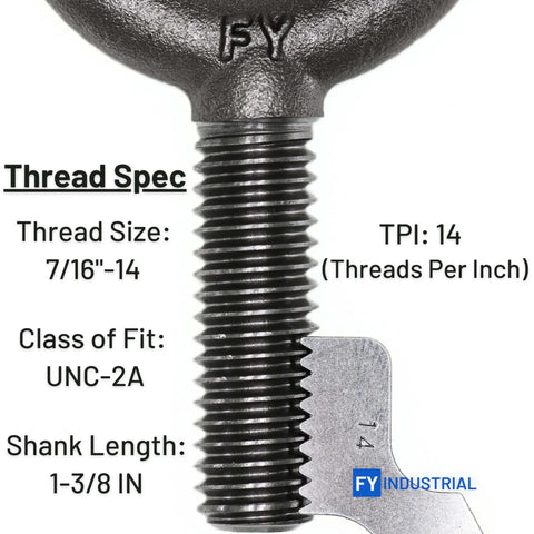 Thread details of Set Of 10 No-Shoulder Lifting Eye Bolts, 7/16-14 By 1-3/8 Inch, Vertical Pull Only, Industrial Grade Carbon Steel 1035.