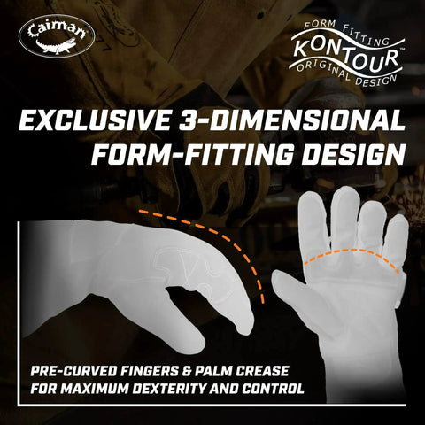 Workhorse Goat Grain Welding Gloves For TIG And Multi Tasking With Split Cowhide Back Four Inch Extended Cuff white and gold large Kontour Design shown with 3D form-fitting design.