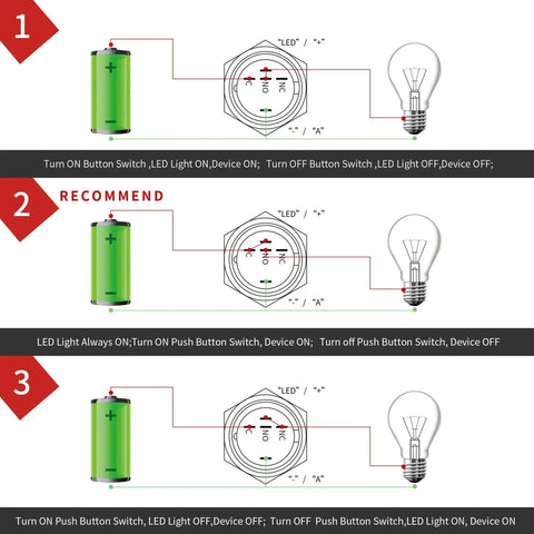 Wiring diagram for 16mm Beefy Latching Push Button Switch With 12V LED Ring, showing connection to battery and bulb in three steps.
