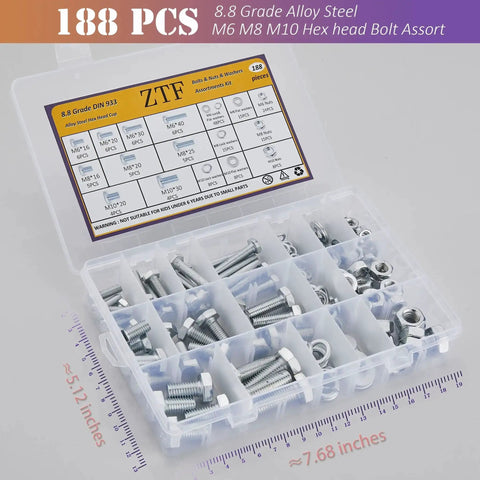 All In One Heavy Duty M6 M8 M10 Nuts Bolts Set With Washers Nine Most Common Sizes 188 Piece Hex Machine Screws in case
