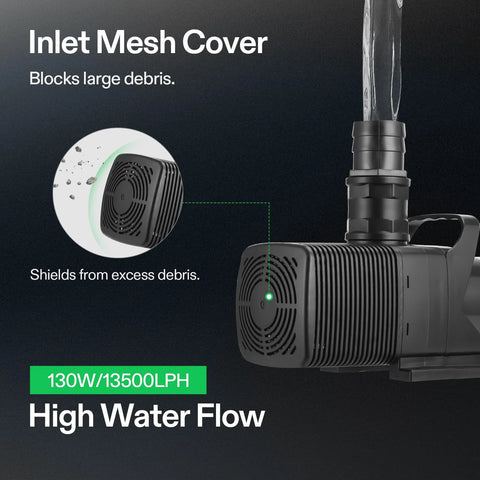 VIVOSUN submersible pond pump with inlet mesh cover, black plastic body and green LED indicator