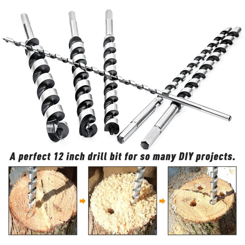Six Piece Twelve Inch Long Auger Drill Bit Set With Hex Shank From One Quarter To Seven Eighth Inch for wood and DIY projects
