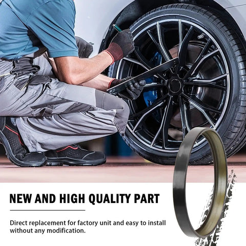 Amazon wheel speed sensor tone ring for Versa rear; metal ring shown beside a black alloy wheel during installation