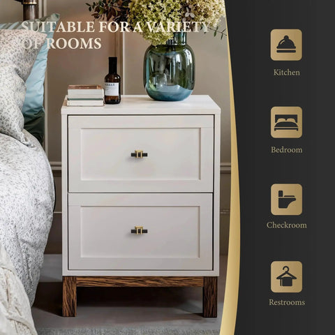 White dresser with Black And Gold T Bar Cabinet Knobs Set 10 Pack For Kitchen Cabinets And Dressers in a bedroom setting.