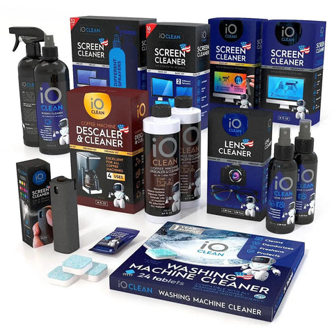 Variety of cleaning products including Eyeglass Lens Cleaner Spray Kit For Glasses And Screens With 2 Microfiber Cloths