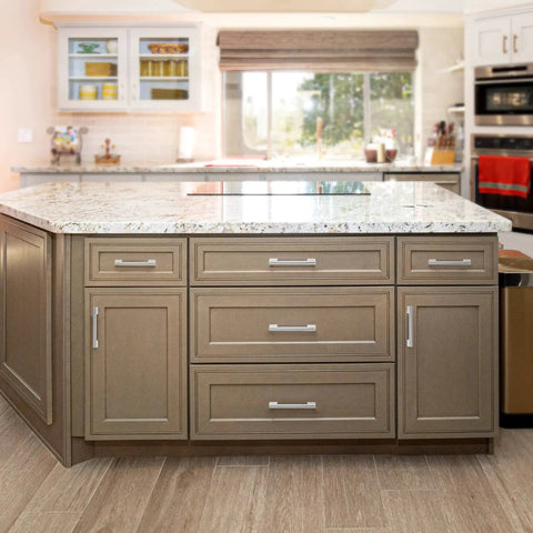 10 Pack 5 Inch Cabinet Pulls Brushed Nickel Finish With Stainless Steel Tubes Installed on Kitchen Drawers and Cabinets