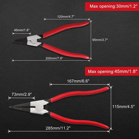 Heavy Duty Lock Ring Pliers Set 2 Piece Flat Snap Ring Pliers for Circlip Rings with measurement details on black background