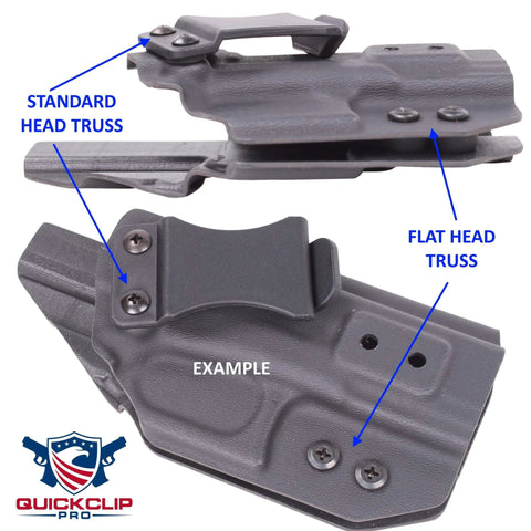 Kydex holster with Black Oxide Coated Steel Phillips Flat Head Truss Machine Screws, highlighting standard and flat head truss types.