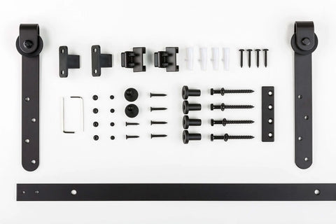 Mini Rustic Sliding Barn Door Hardware Kit In Oil Rubbed Bronze For Cabinets Bookshelves Vanities TV Consoles And More With Fully Included Mounting Hardware For Easy Install 48 Inch Track displayed with components