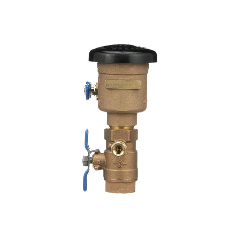 Brass Zurn Wilkins 1-720A 1-inch pressure vacuum breaker assembly with blue shut-off handles and black cap