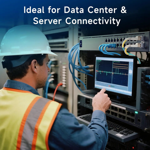 Data center technician in white hard hat and safety vest operating rack-mounted network gear with a monitoring screen.