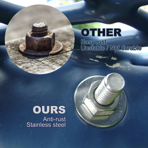 25 Pcs 5/16 in stainless flat washers, 11/16 in OD; stainless bolt with washer on surface; rust vs anti-rust inset.