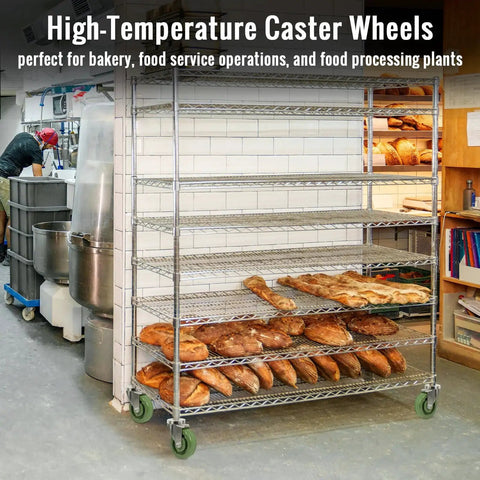 Industrial oven rack with bread, featuring heavy duty 4x1.5 inch high temperature caster wheels for ovens and industrial racks