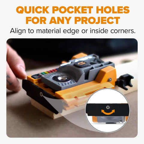 Mini Pocket Hole Jig Kit Auto Adjusting Portable System For Woodworking shown aligned on wood for drilling precise joints