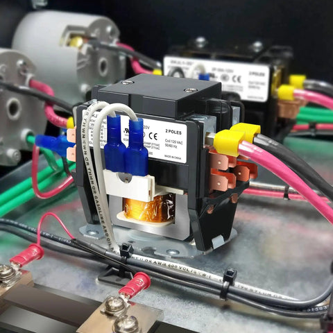 Close-up of 4 Pack HVAC Contactor Replacement Kit 120V 30A Two Pole Relays for air conditioner systems with wiring and connectors.