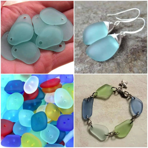Assorted sea glass pieces and jewelry made from sea glass, including earrings and a bracelet, showcasing colorful designs.