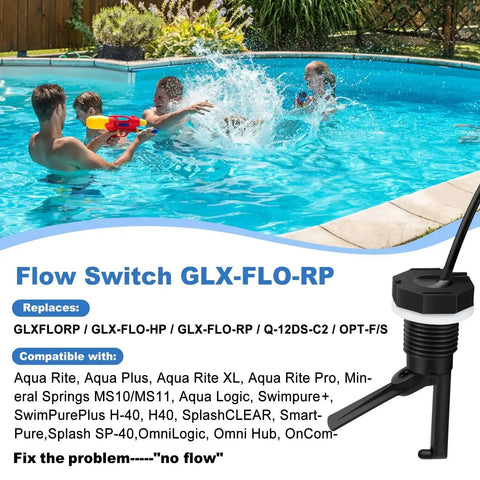Pool scene with kids swimming and Flow Switch GLX-FLO-RP in corner, compatible with Aqua Rite, Aqua Logic, and more.