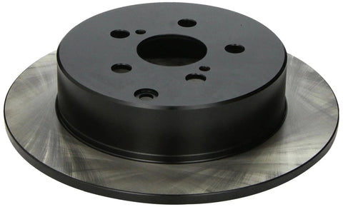 Rear brake rotor; angled top view showing black hub and brushed steel rotor disk