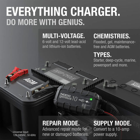 Genius10 All In One 6V 12V Smart Battery Charger And Maintainer For Lead Acid And Lithium By NOCO on AGM batteries with clips.