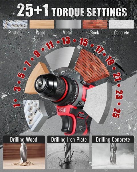 Brushless 20V Cordless Drill Driver Kit With 2.0Ah Battery And Charger showcasing 25+1 torque settings for various materials.