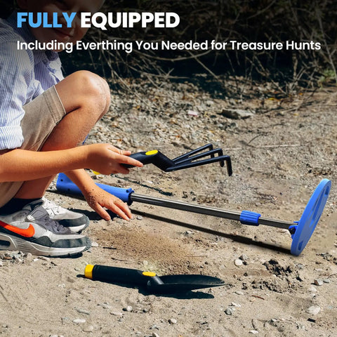 Child using Color LCD Screen Kids Metal Detector With LED Lit Coil Adjustable Lightweight Treasure Hunter on sandy ground