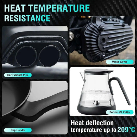 Heat resistance of Carbon Fiber Reinforced Nylon Filament PA6-CF 1.75mm 1kg for industrial parts up to 209 C, showing motor cover, exhaust pipe, pot handle, and kettle base.