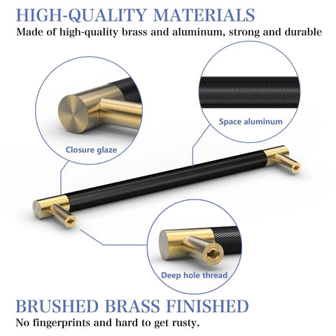 Brushed Satin Gold Brass Finish T Bar Cabinet Handles Set of 10 With Electroplated Matte Black Accents, showing close-up details.