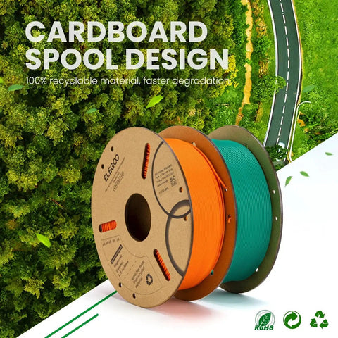 Cardboard spool design for filament with recyclable material on a green backdrop.