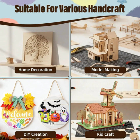 Collage of basswood craft projects: home decoration, model making, DIY creation, and kid craft using basswood sheets