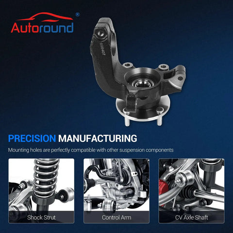 Front Left Steering Knuckle And Wheel Bearing Hub Assembly For Ford Focus 2006 To 2011 Left Driver Side Replacement Includes Hub And Bearing Drop In Fit 698-407 698407 LK003 6S4Z1215B 7S4Z1104A with precision manufacturing details.