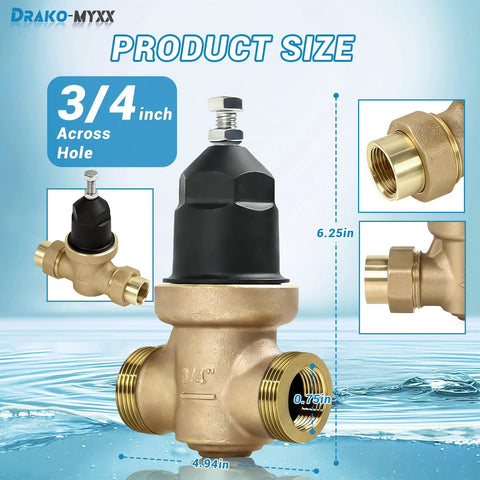 3/4 inch NR3XL pressure reducing valve with brass body, black adjustable top, double union FNPT connections