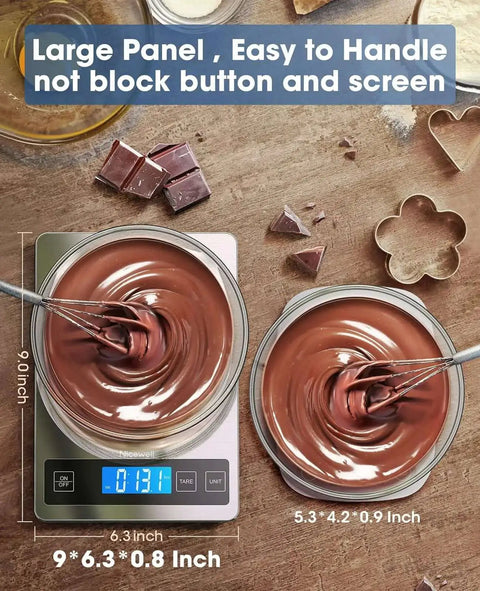Digital Kitchen Scale With 22Lb Capacity, Precise 1g And 0.1oz Increments showing chocolate bowls on stainless steel platform