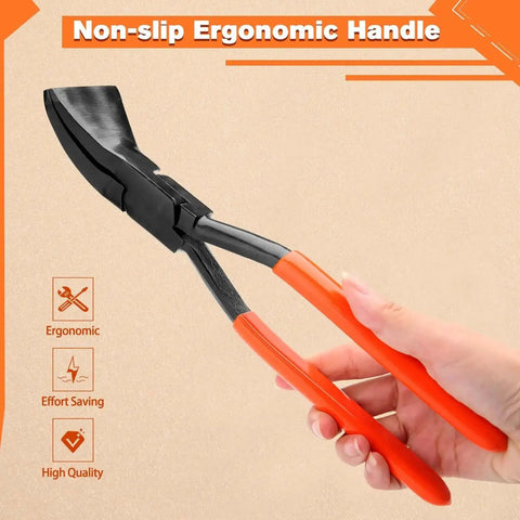 Non-slip ergonomic handle of Pro Grade 3-Piece Hand Seamer Set with 45/90/180 jaws, featuring orange grip for precise metal bending.