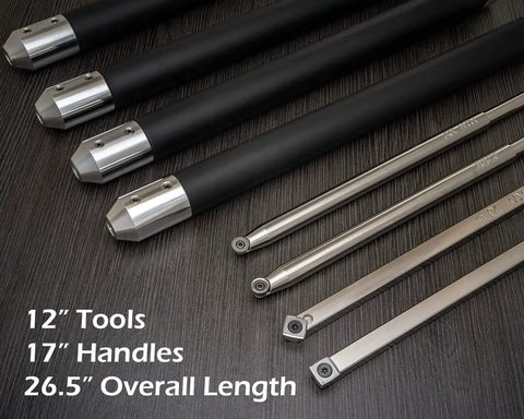 Carbide Turning Tools Set For Acrylic Resin And Hybrid Wood Lathe Work With 12 Inch Tools And 17 Inch Handles Four Piece USA Made Lathe Tool Kit on wood surface