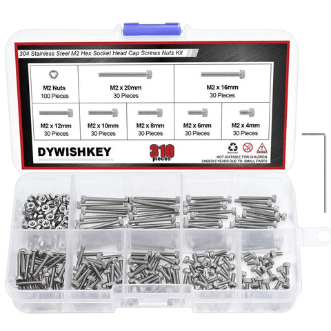 310 Piece Stainless Steel 304 Hex Socket Head Cap Bolts Screws Nuts Kit With Allen Wrench M2 M4 M6 M8 M10 M12 M16 M20 For DIY Projects Robotics And Mechanical Fasteners in storage box