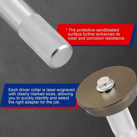 Close-up of 10 Piece Universal Bearing Press Kit with seal bushing drivers, textured handle, engraved sizes for easy identification.